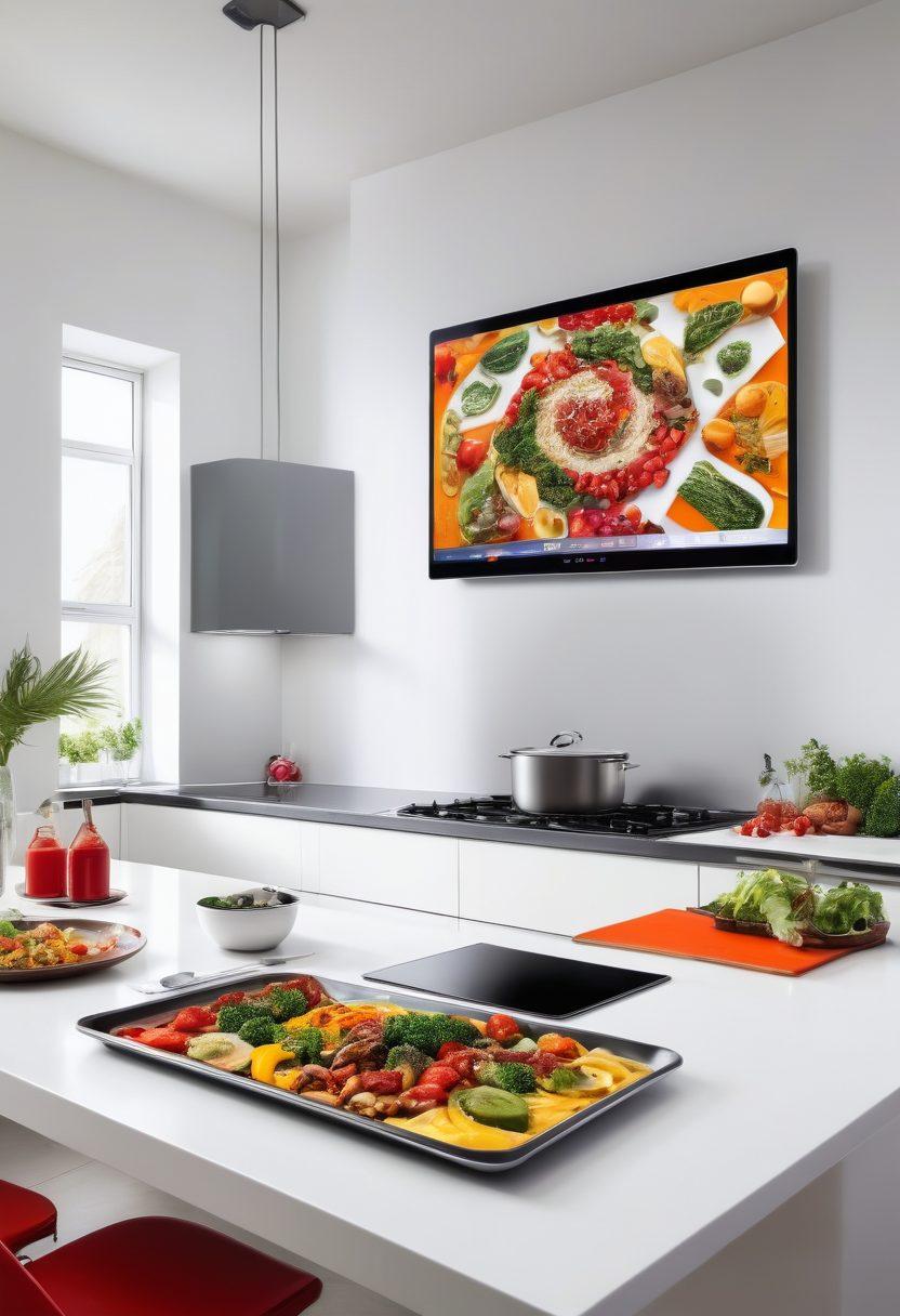 A vibrant scene showcasing a modern kitchen adorned with various high-tech gadgets, seamlessly integrated with a dining table set for a feast featuring colorful, mouth-watering dishes. In the background, a digital screen displays trending tech innovations in cooking. The overall ambiance should be cheerful and inviting, merging culinary delights with technological advancements. super-realistic. vibrant colors. white background.