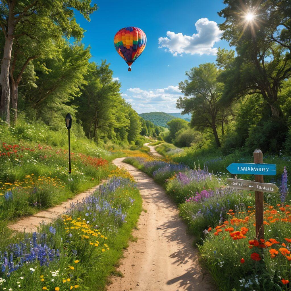 A dreamy pathway winding through lush green forests under a bright blue sky, with whimsical signposts showcasing unique destinations like 'Culinary Haven' and 'Adventure Trails.' A trail of footprints and vibrant wildflowers adds a sense of exploration. In the distance, a colorful hot air balloon floats, symbolizing freedom and joy. super-realistic. vibrant colors. soft focus.