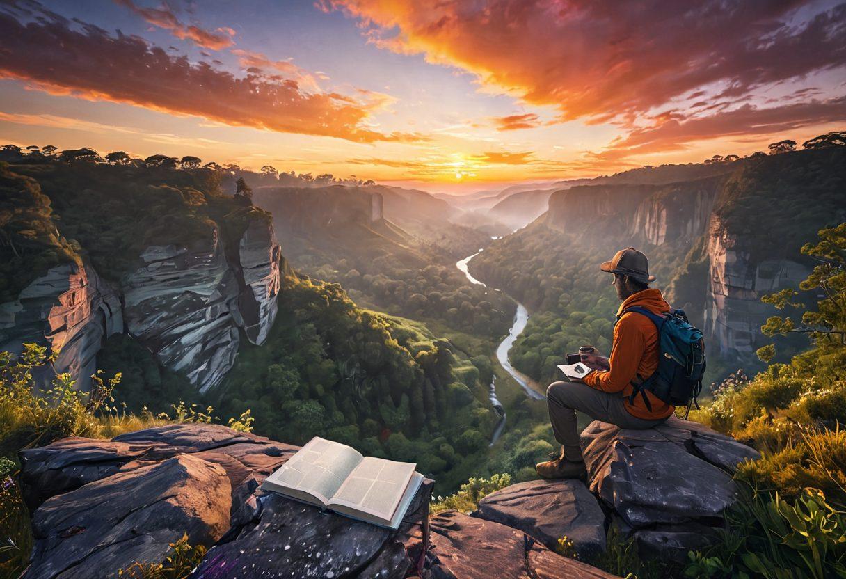 A serene landscape featuring a modern explorer standing at the edge of a cliff, gazing at a vibrant sunrise over a lush valley. The explorer is holding a journal and a cup of tea, symbolizing reflection and wellness. Include subtle elements like floating inspirational quotes in the air and a path leading into the mysterious woods. The atmosphere should evoke a sense of peace and adventure. super-realistic. vibrant colors. soft focus.